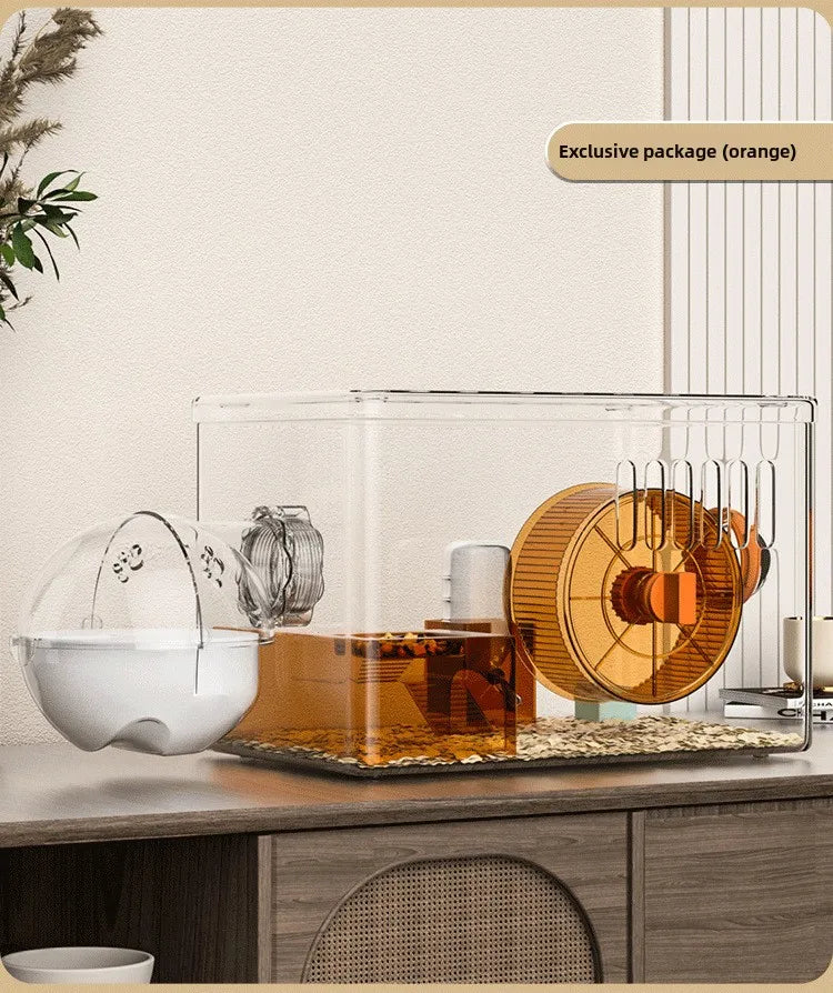 Acrylic Hamster Cage Transparent Habitat with Silent Running Wheel Large Space Enclosure for Hamster Easy-Clean Animal Home