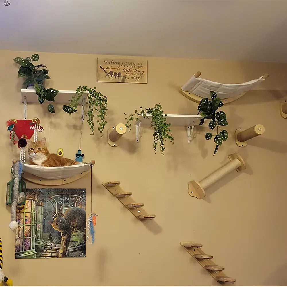 Wall Mounted Cat Climbing Ladder with Sisal Scratching Post & Hammock