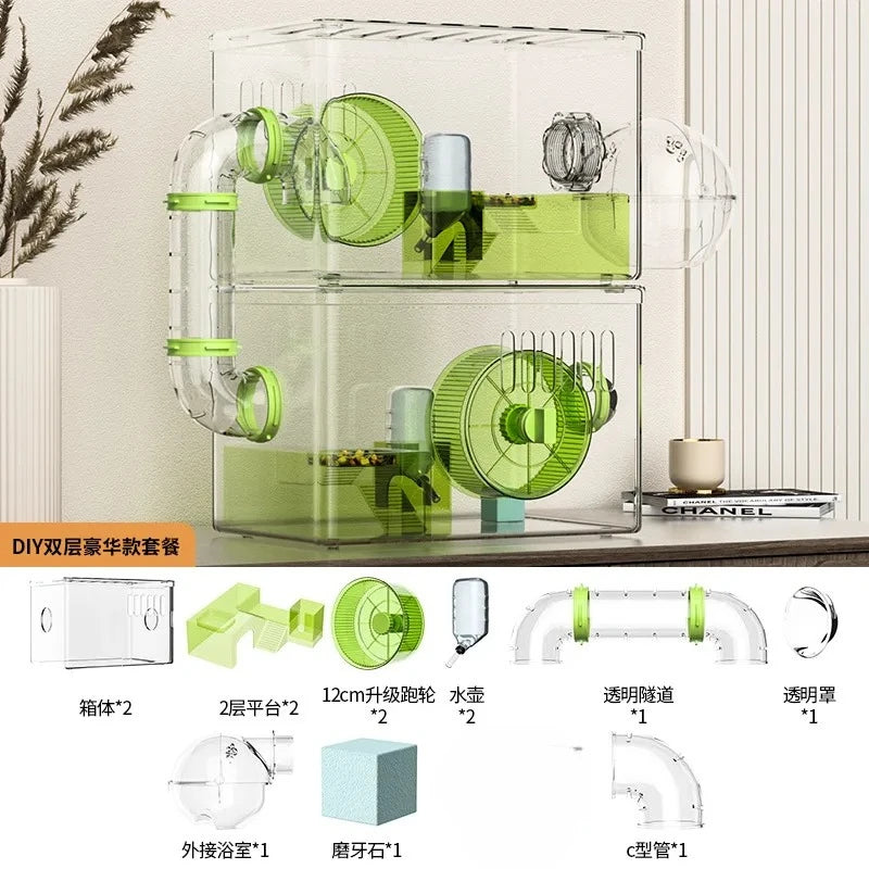Acrylic Hamster Cage Transparent Habitat with Silent Running Wheel Large Space Enclosure for Hamster Easy-Clean Animal Home