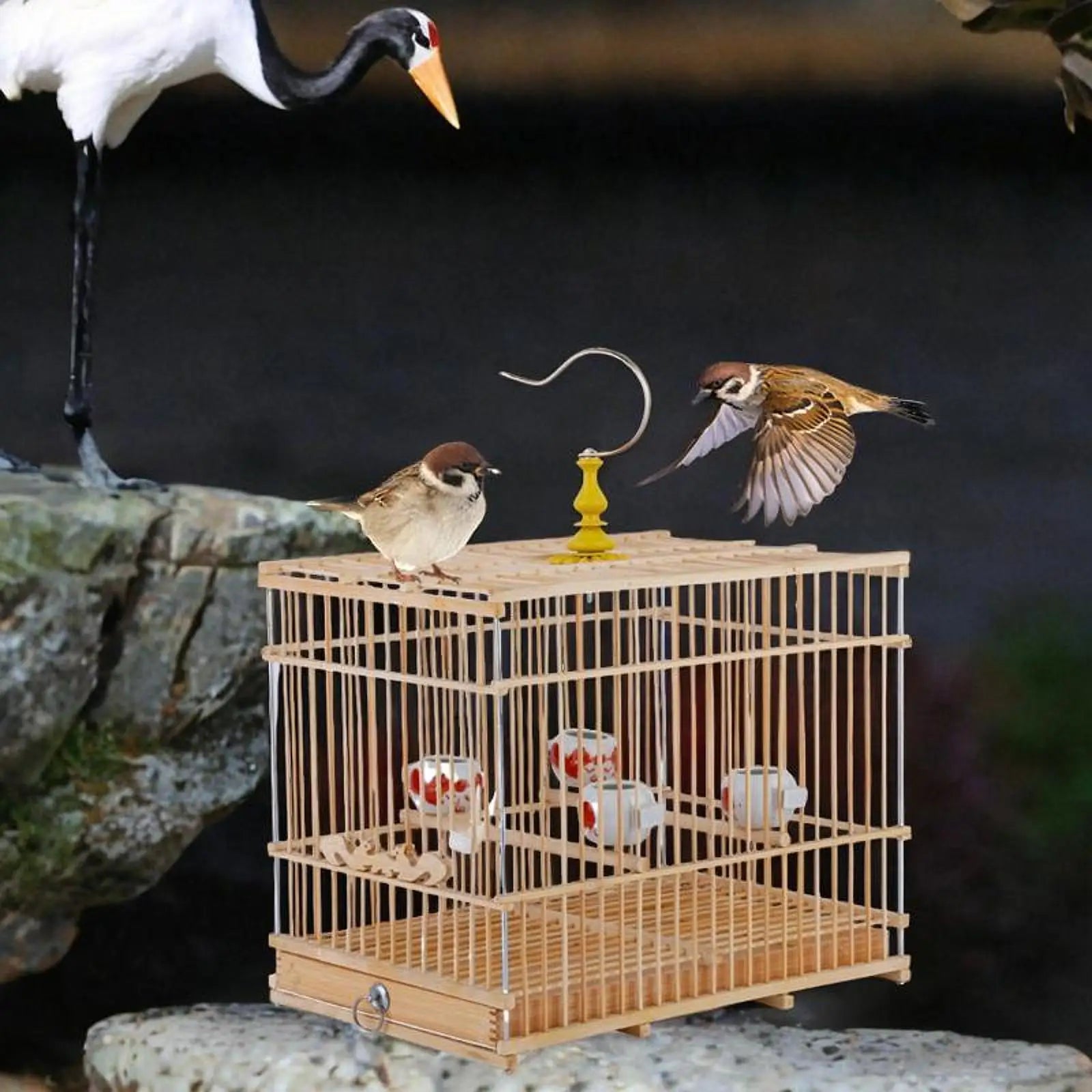 Wooden Bird Cage with Food Cup - Parrot House for Budgies & Parakeets