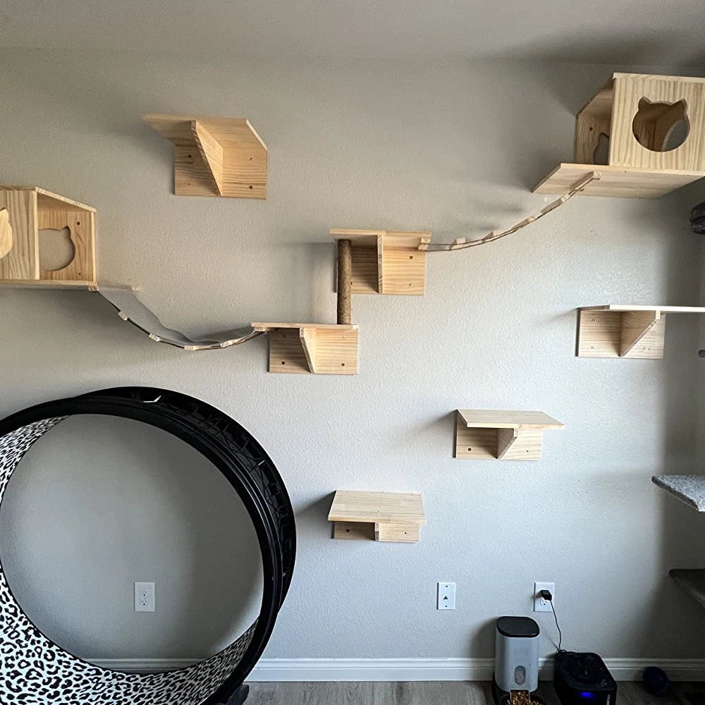 Cat Wall Furniture Wall-Mounted Cat Climber Set with Cat Wall Shelves  Perches Condo House Ladder Scratching Board & Tree   Wood