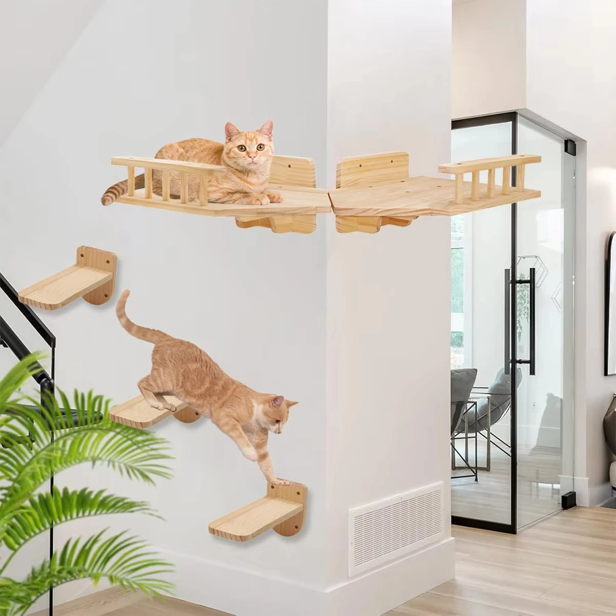 Cat Wall Furniture Wall-Mounted Cat Climber Set with Cat Wall Shelves  Perches Condo House Ladder Scratching Board & Tree   Wood
