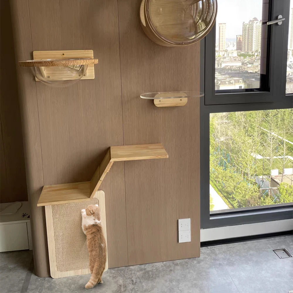 Cat Wall Furniture Wall-Mounted Cat Climber Set with Cat Wall Shelves  Perches Condo House Ladder Scratching Board & Tree   Wood