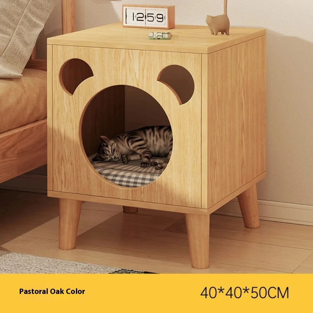 Premium Wooden Cat House Bedside Table - Multi-Functional Pet Furniture with Storag