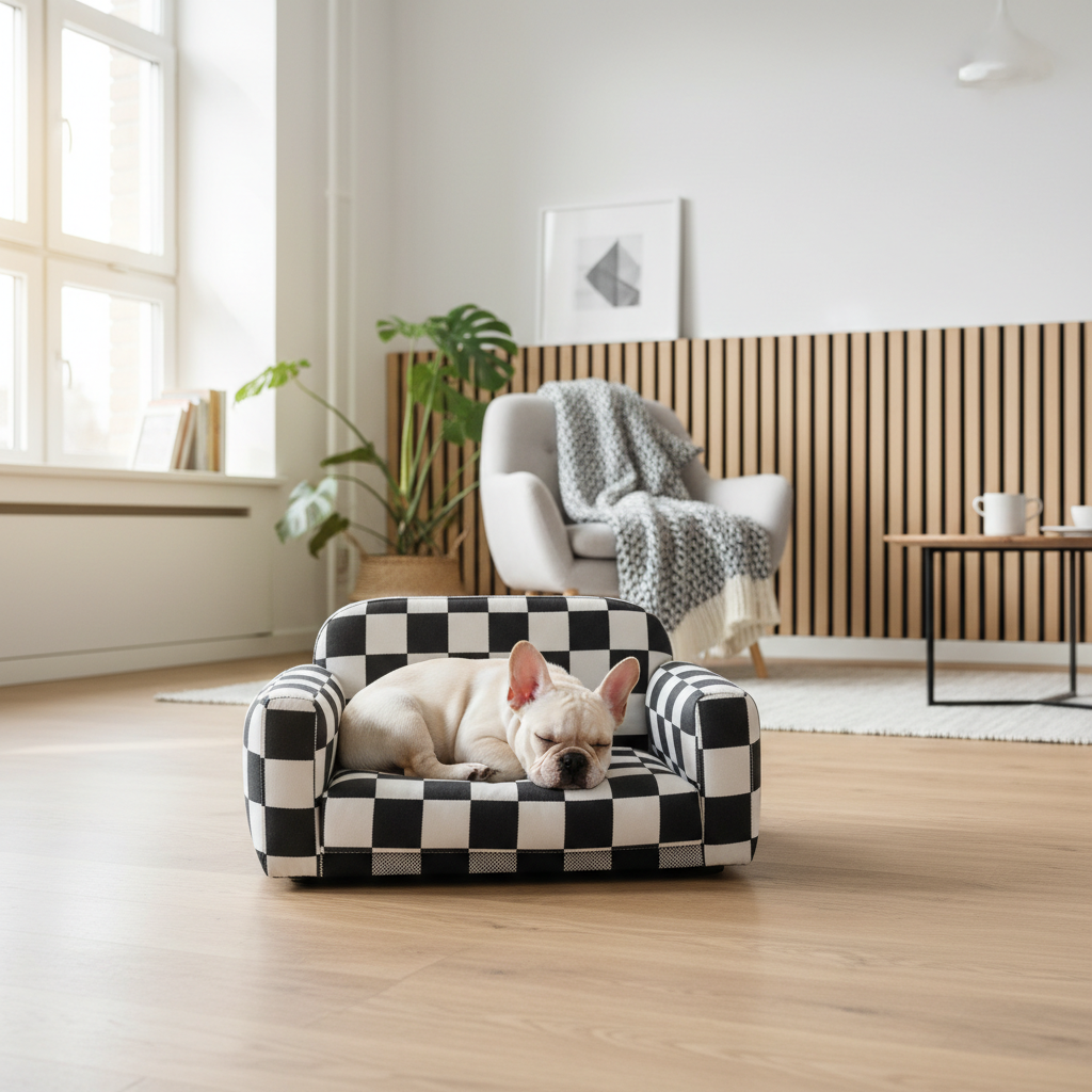 Plush Pet Sofa Bed - Black & White Checkered